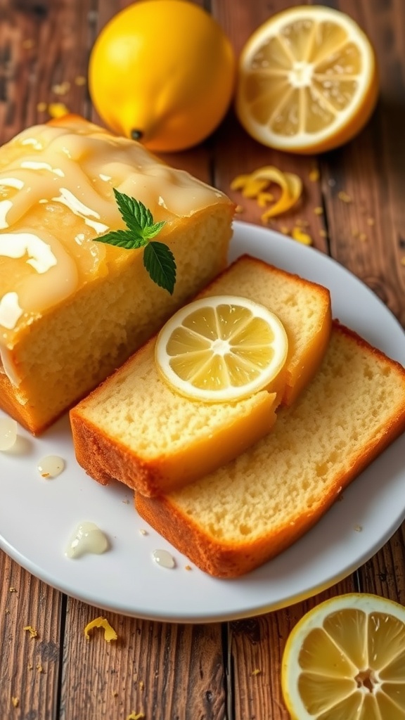 Slices of lemon drizzle cake glistening with a lemon glaze on a white plate, garnished with lemon slices and mint.